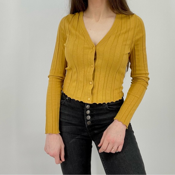 Anthropologie Cashmere Blend Ribbed Button Down Cardigan Top in Mustard Size S - Picture 3 of 6